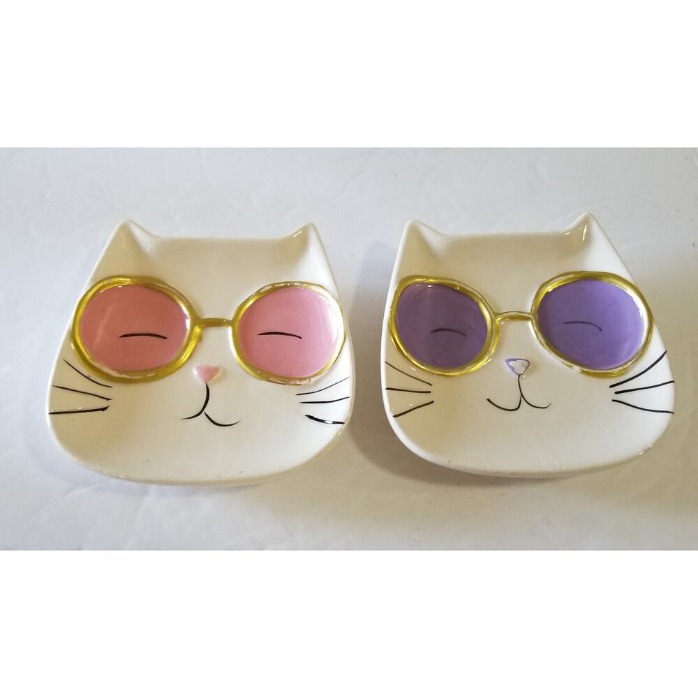 Two cat face trinket jewelry tray ceramic (3.1212)